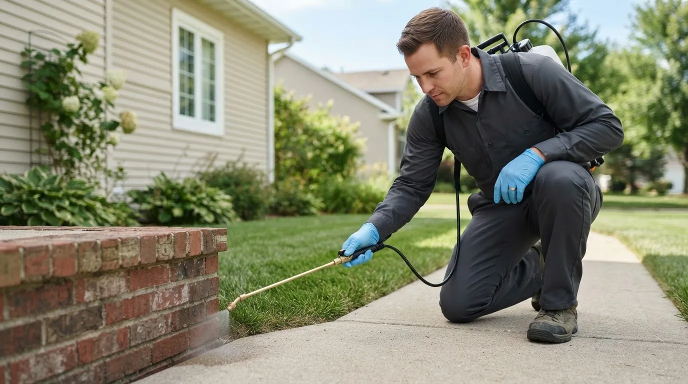 Pest control technician treating a home near South Butler, NY